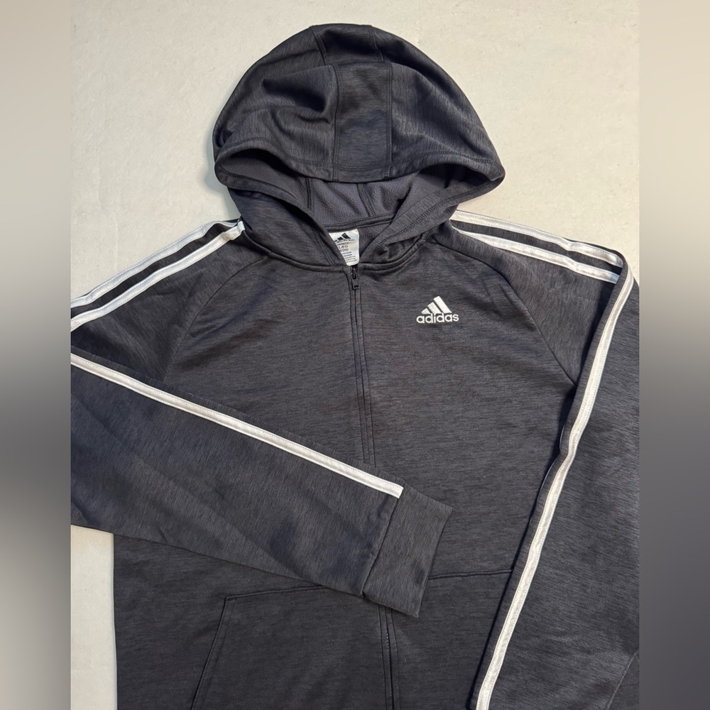 Adidas Boys Melange Charcoal Gray Fleece Full Zip Hoodie with White Stripes - Picture 3 of 8